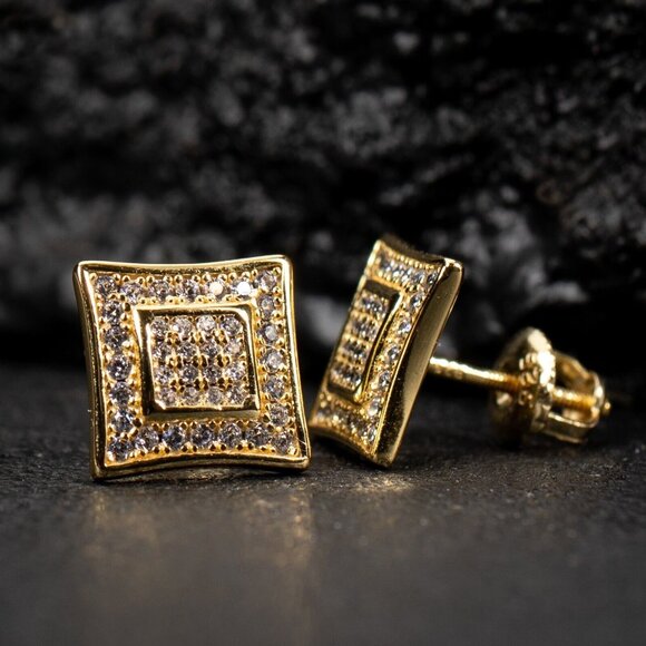 Small 3D Yellow Gold Plated Hip Hop Screw Back Iced Cz Mens Square Earrings - Picture 4 of 6